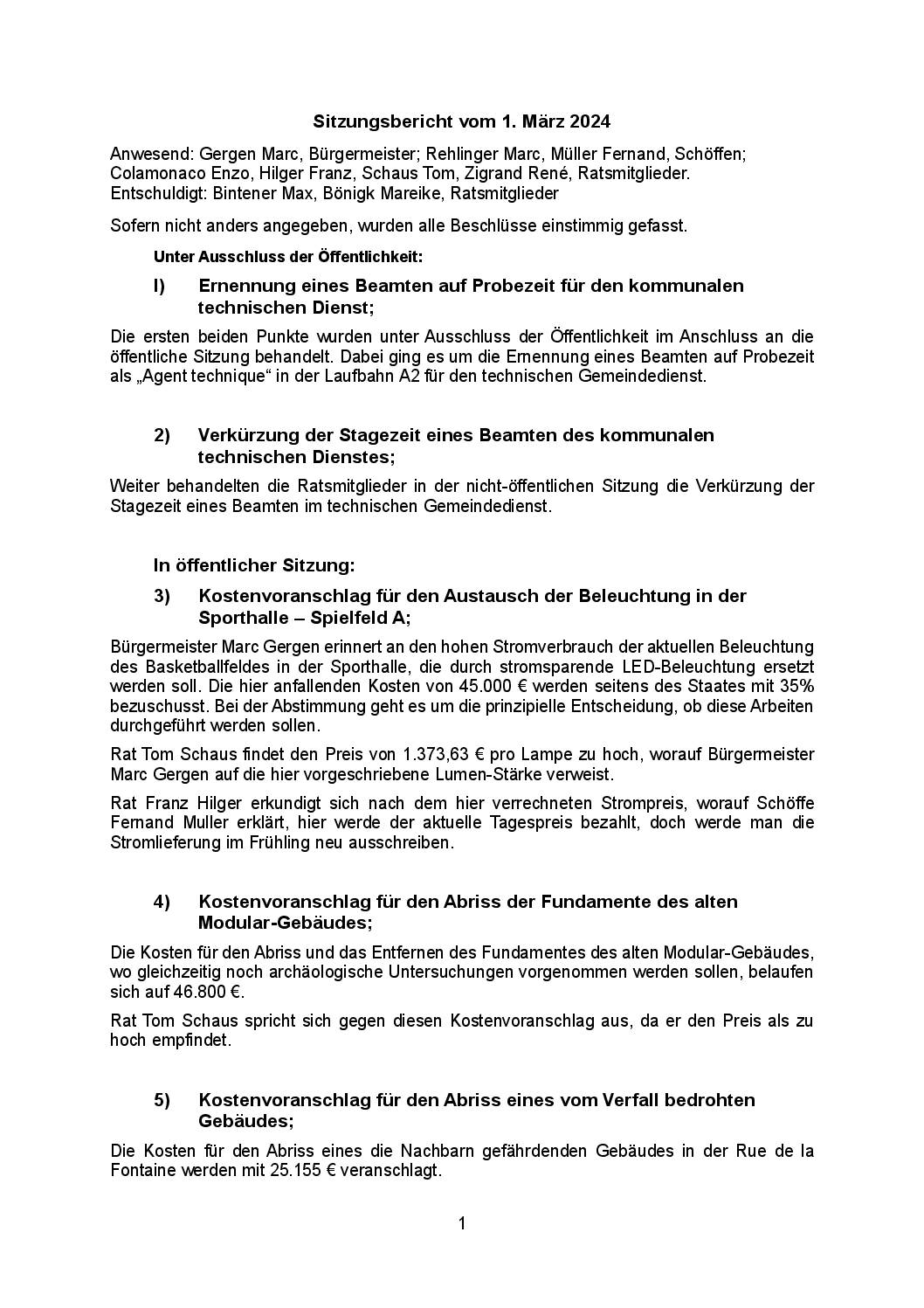 Sitzungsbericht 2024.03.01