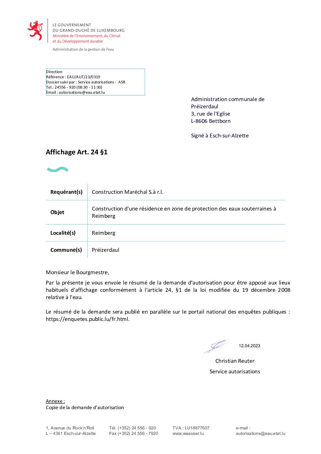 Autorisation – AGE- Réf.EAU/AUT/23/0319