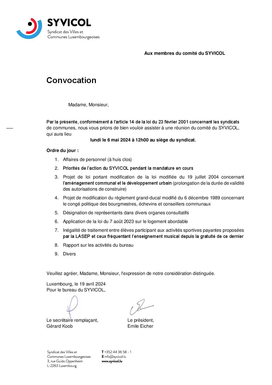 AVIS – Convocation comité SYVICOL (06.05.2024)