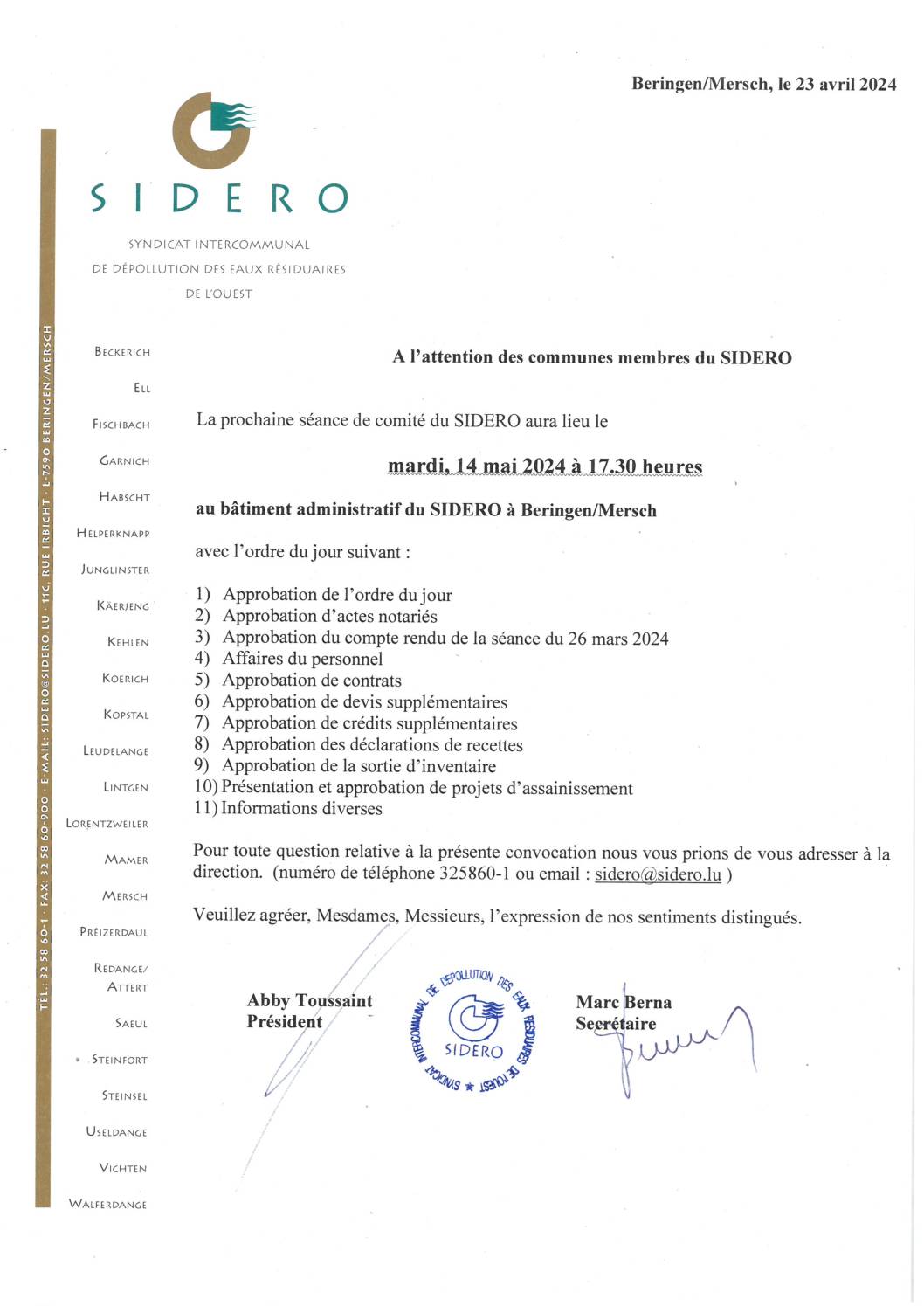 AVIS – Convocation comité SIDERO (14.05.2024)