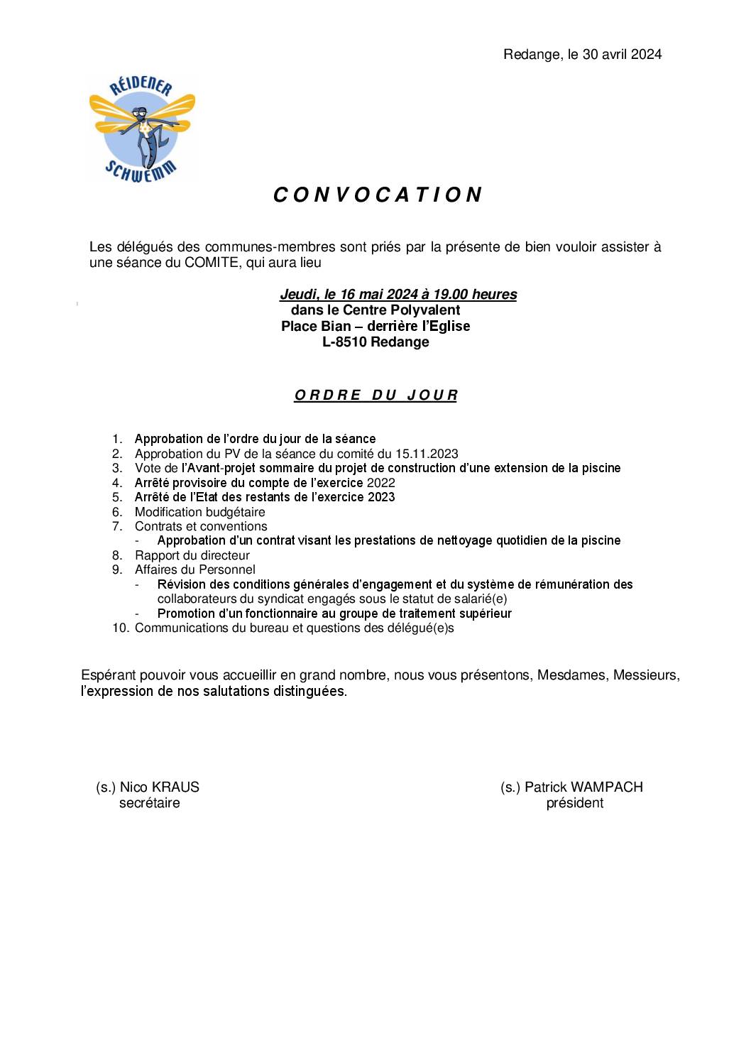 AVIS – Convocation comité Réidener Schwämm (16.05.2024)