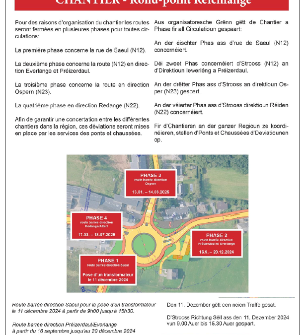 Rectificatif au 04.12.2024 Chantier Rond-point Reichlange, coordination assurée par les services des P&CH