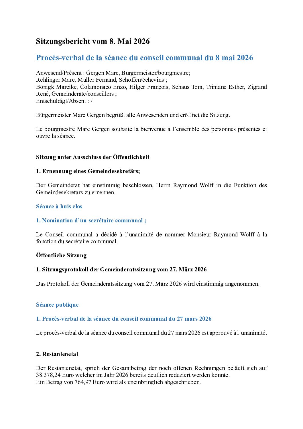 Sitzungsbericht 2026.05.08