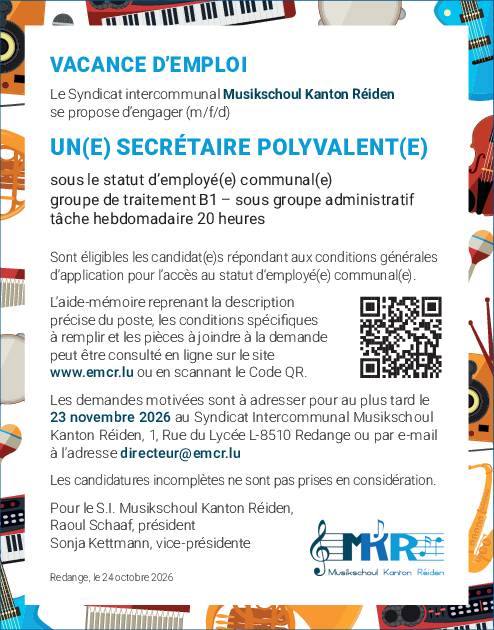 Le Syndicat intercommunal Musikschoul Kanton Réiden se propose d’engager (m/f/d) UN(E) SECRÉTAIRE POLYVALENT(E)