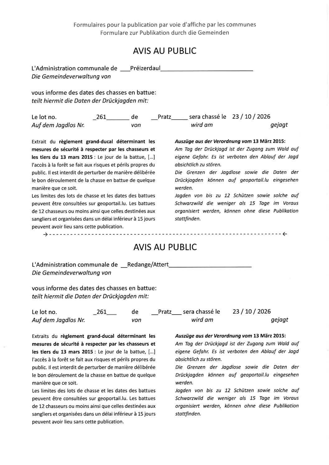 AVIS – chasse en battue lot nr 261 (23.10.2026)